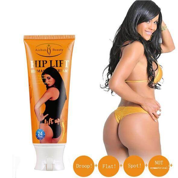 Butt enhancement cream tube promoting bigger buttocks with before and after images showcasing effective results.