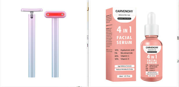 Carvenchy 4 in 1 Facial Serum and applicator tools, perfect for all skin types, 30ml packaging for effective skincare.