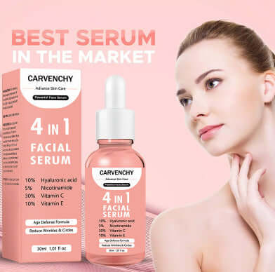 Advence Skin Care 4 In 1 Facial Serum 30ml with Hyaluronic Acid, Niacinamide, Vitamin C, and E in elegant packaging, suitable for all skin types.