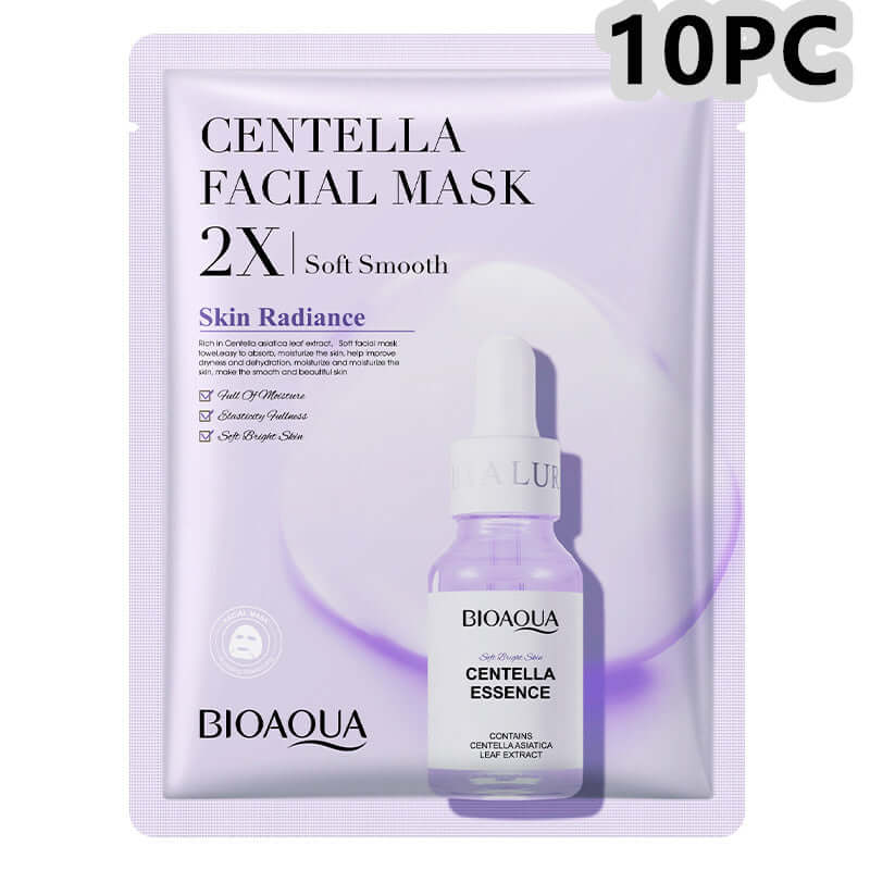 Centella Facial Mask by BIOAQUA, pack of 10, designed for soft, smooth skin and skin radiance, featuring herbal essence.