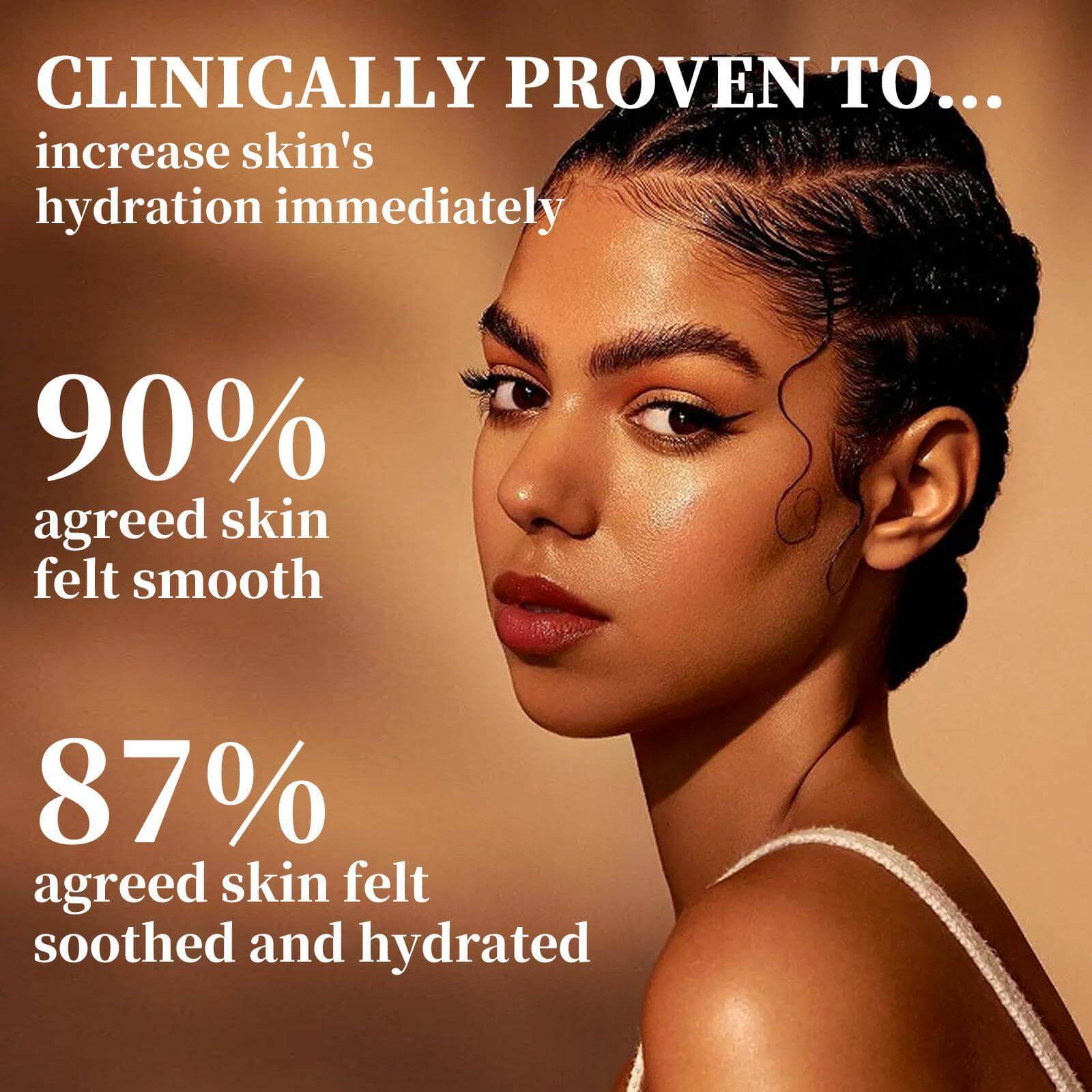 Woman with glowing skin showcasing hydration results from a skincare product, highlighting clinical effectiveness.