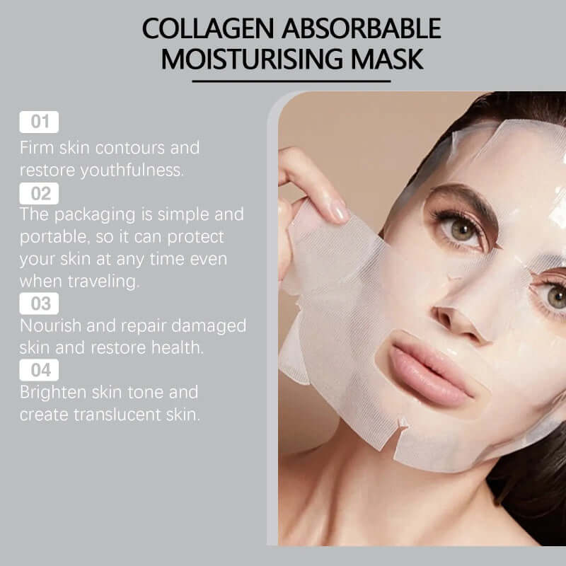 Collagen absorbable moisturizing mask applied to a woman's face, promoting youthful skin and hydration.