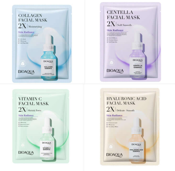 Four different facial masks including collagen, centella, vitamin C, and hyaluronic acid, each promoting skin radiance and hydration.