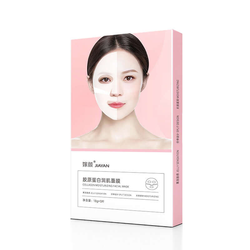 Collagen Crystal Jelly Skin Moisturizing Mask packaging with model shown, ideal for all skin types, 3-piece set.