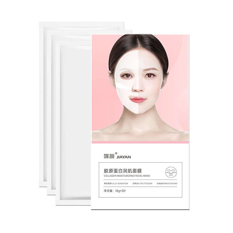 Collagen Crystal Jelly Skin Moisturizing Mask packaging with three facial masks for all skin types, 18g each.