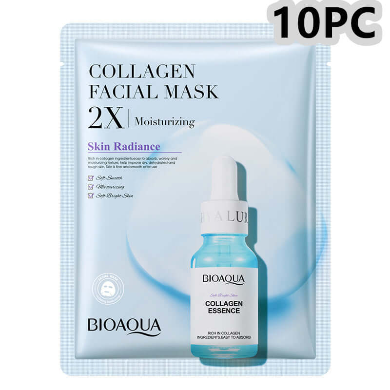Collagen face mask pack with moisturizing properties for skin radiance, includes 10 pieces of BioAqua collagen essence.