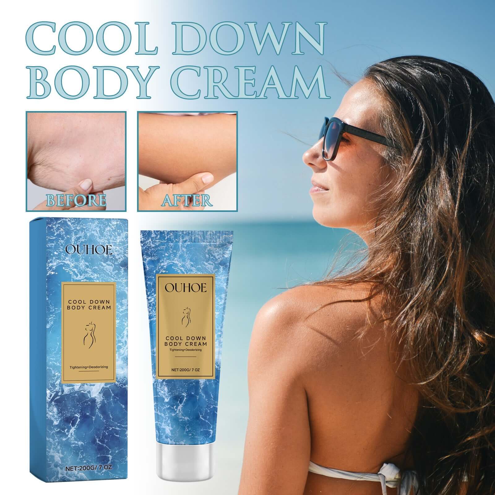 Cool Down Body Cream for relieving sunburn, showing before and after results with a model enjoying the outdoors.
