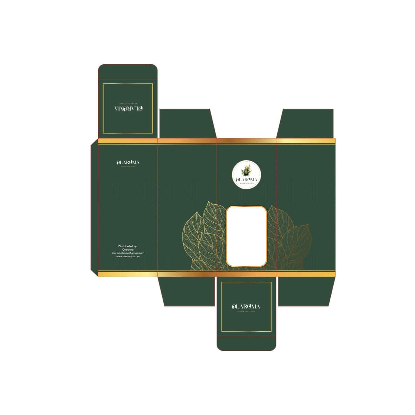 Elegant green packaging design for customized essential oils with gold accents and a window cutout.