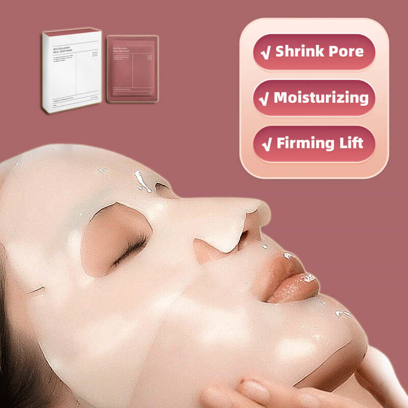 A woman using a collagen face mask for pore shrinking, moisturizing, and firming benefits in skincare.