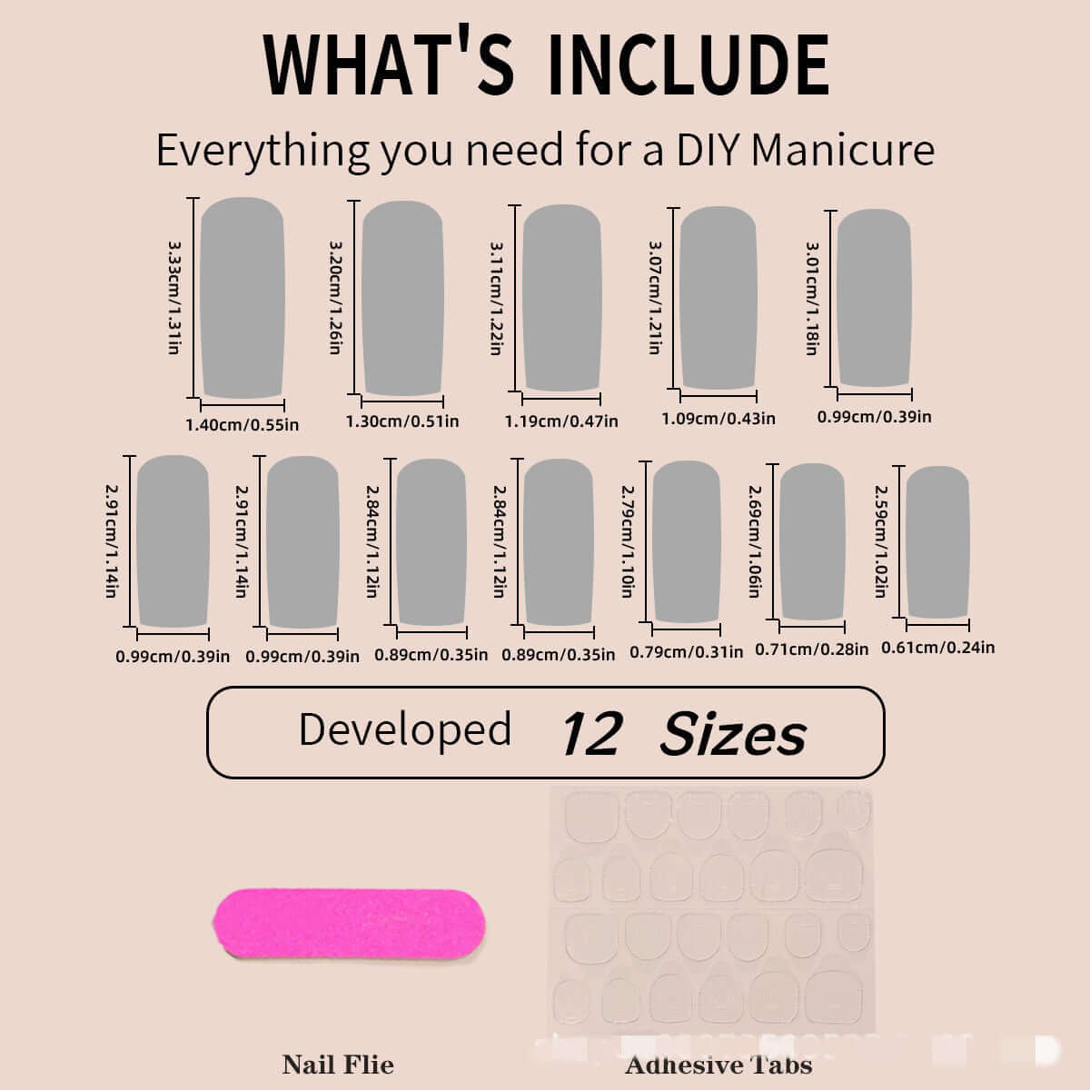 Diagram of DIY manicure kit showing false nail sizes, nail file, and adhesive tabs for easy application.