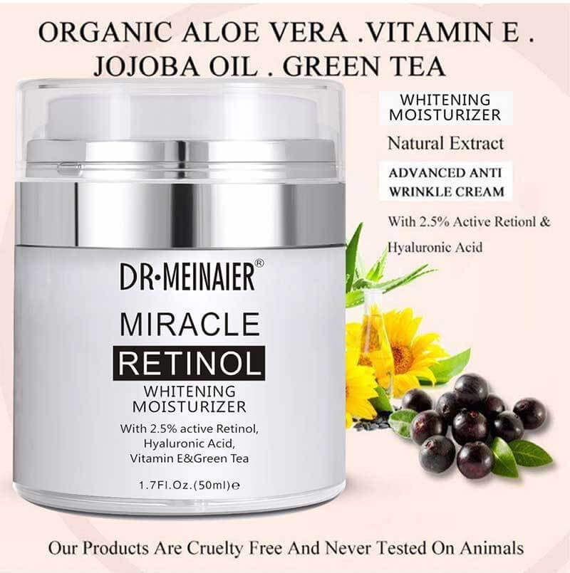 Dr. Meinaier Miracle Retinol Moisturizer with aloe vera, vitamin E, and green tea for anti-wrinkle and brightening skin care.