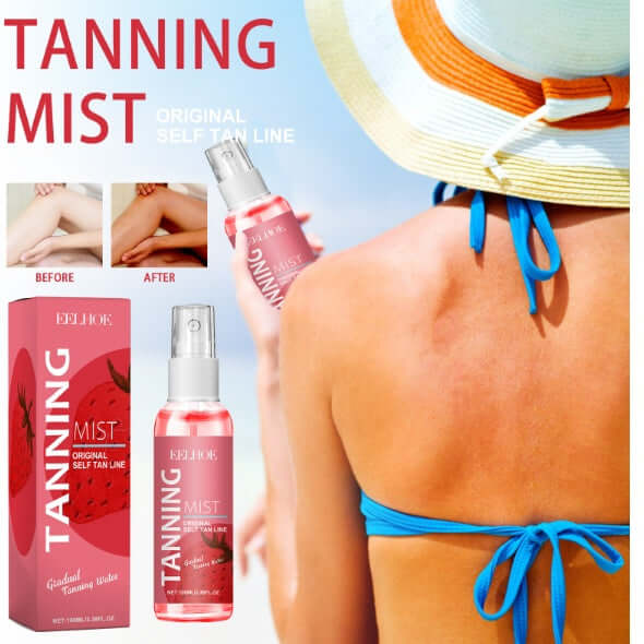 EELHOE Strawberry Tanning Mist for sun-kissed skin, showing before and after results, gentle and moisturizing spray.