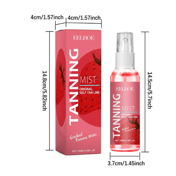 EELHOE Strawberry Tanning Mist bottle and packaging, for radiant sun-kissed skin, moisturizing skincare.