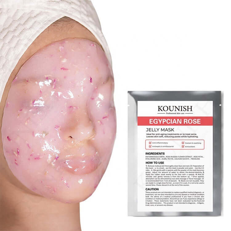 Person wearing Egyptian rose jelly mask showcasing skincare benefits and self-care routine.