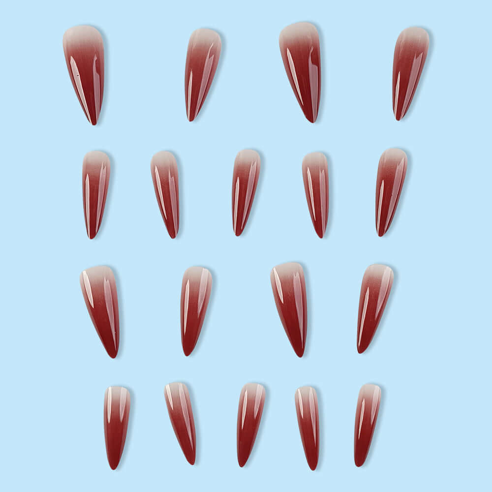 Elegant wine red gradient fake nails in drop shape, 24-piece set, perfect for stylish nail art.