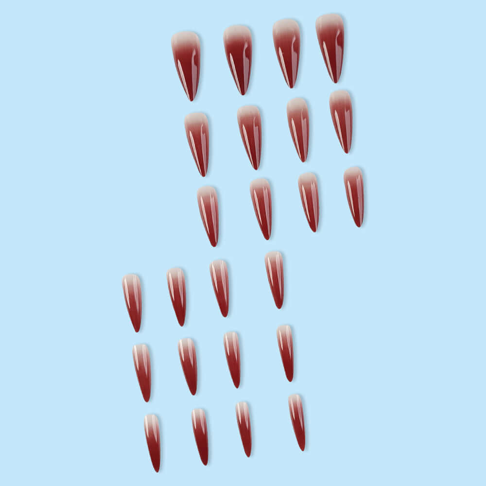 Elegant wine red gradient fake nail patches in drop shape, long and wear-resistant, perfect for stylish nail art.