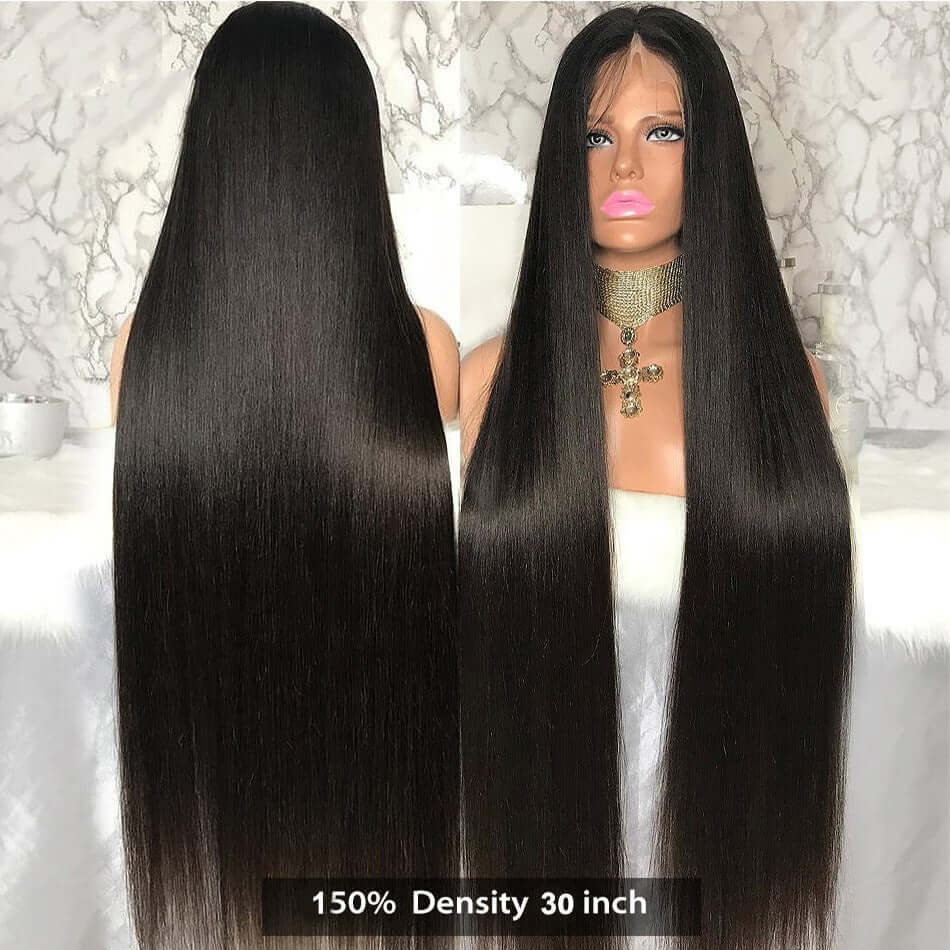 Long straight black hair wig, 150% density, 30 inches, suitable for any skin and face shape, made of high temperature fiber.