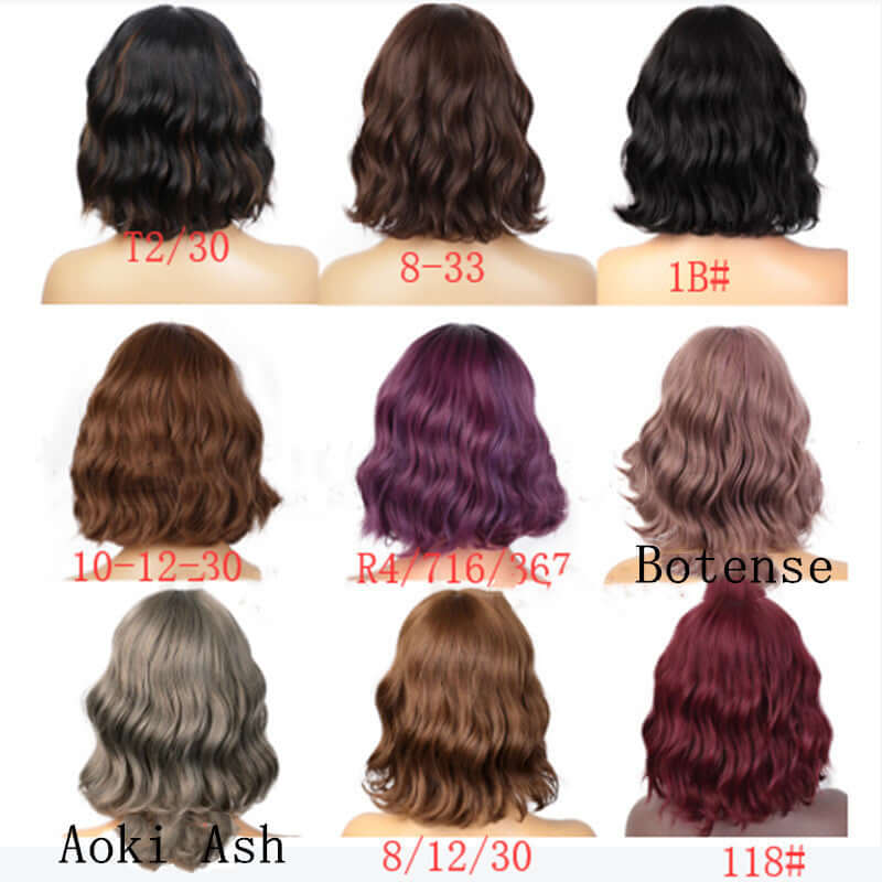 Various short curly wigs in different colors: T12/30, 8-33, 1B#, Aoki Ash, Botense, and 118# wine red.