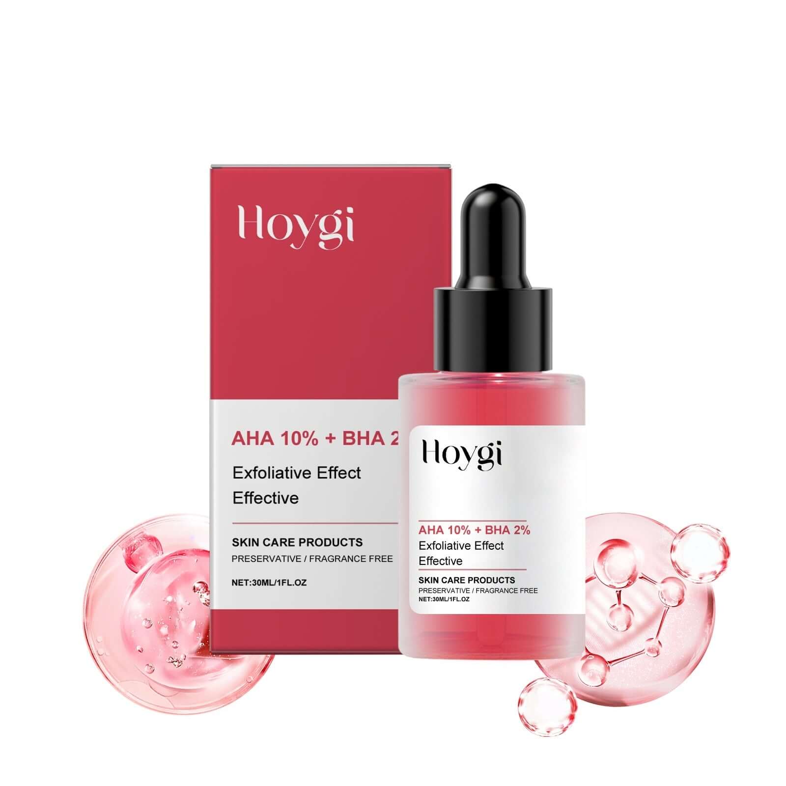 Hoygi AHA 10% + BHA 2% Exfoliative Effect Serum in packaging, promotes smoother skin with exfoliating ingredients.