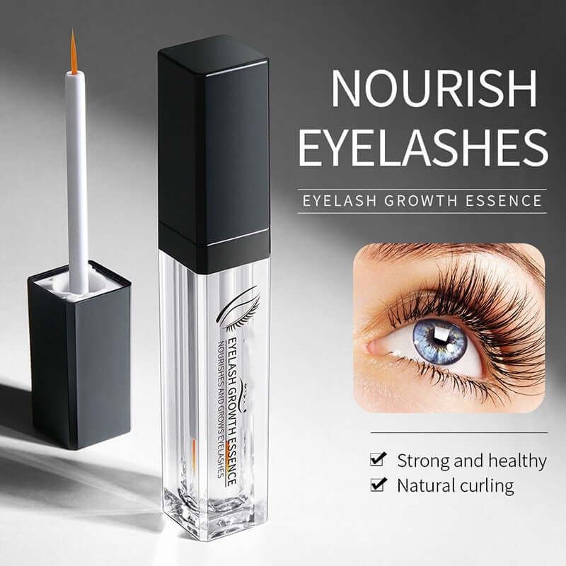 Eyelash growth essence serum in sleek packaging, promoting stronger, healthier, and naturally curled eyelashes.