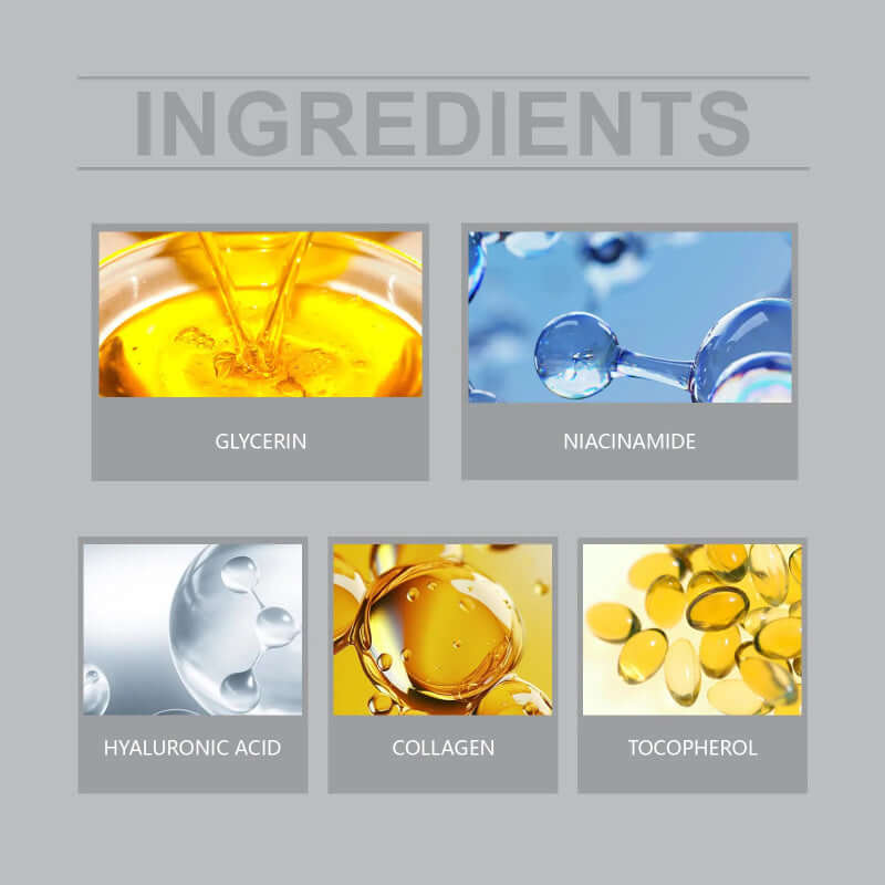 Collage of facial care ingredients: glycerin, niacinamide, hyaluronic acid, collagen, tocopherol for anti-aging masks.