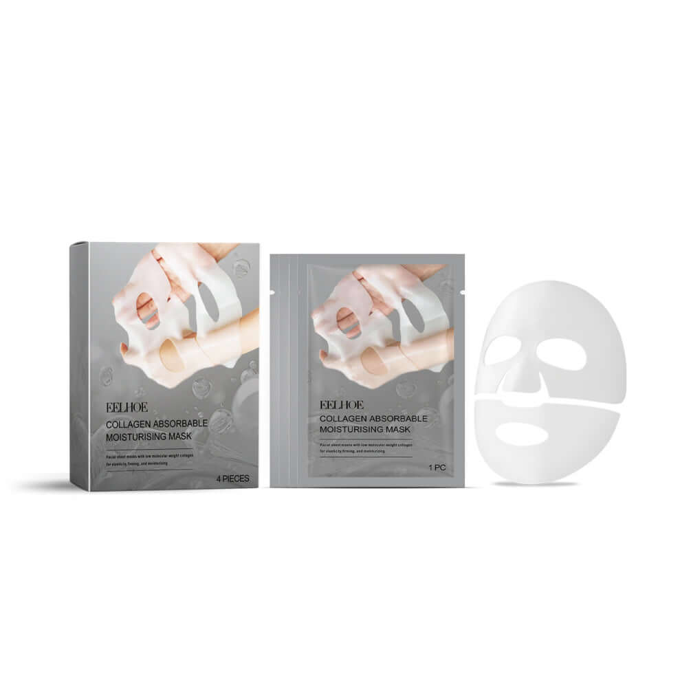 Facial care collagen moisturizing mask packaging with four individual masks for anti-aging skincare.