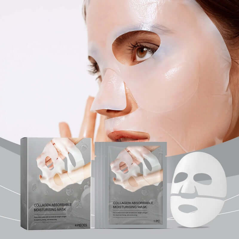 Collagen moisturizing mask packaging with facial mask applied on a woman's face for anti-aging skincare routine.