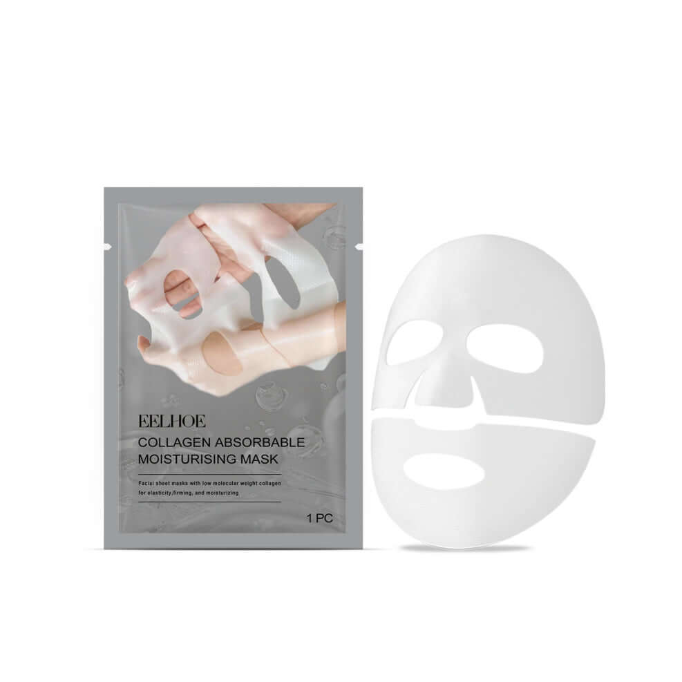 Collagen absorbable moisturizing facial mask with packaging, designed for anti-aging and hydration.