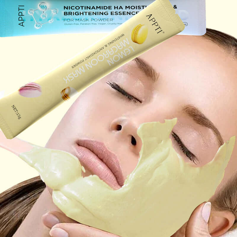 Woman applying lemon mask from Facial Mask Powder Peel Off Spa Face Skincare Kit for brightening and moisturizing.