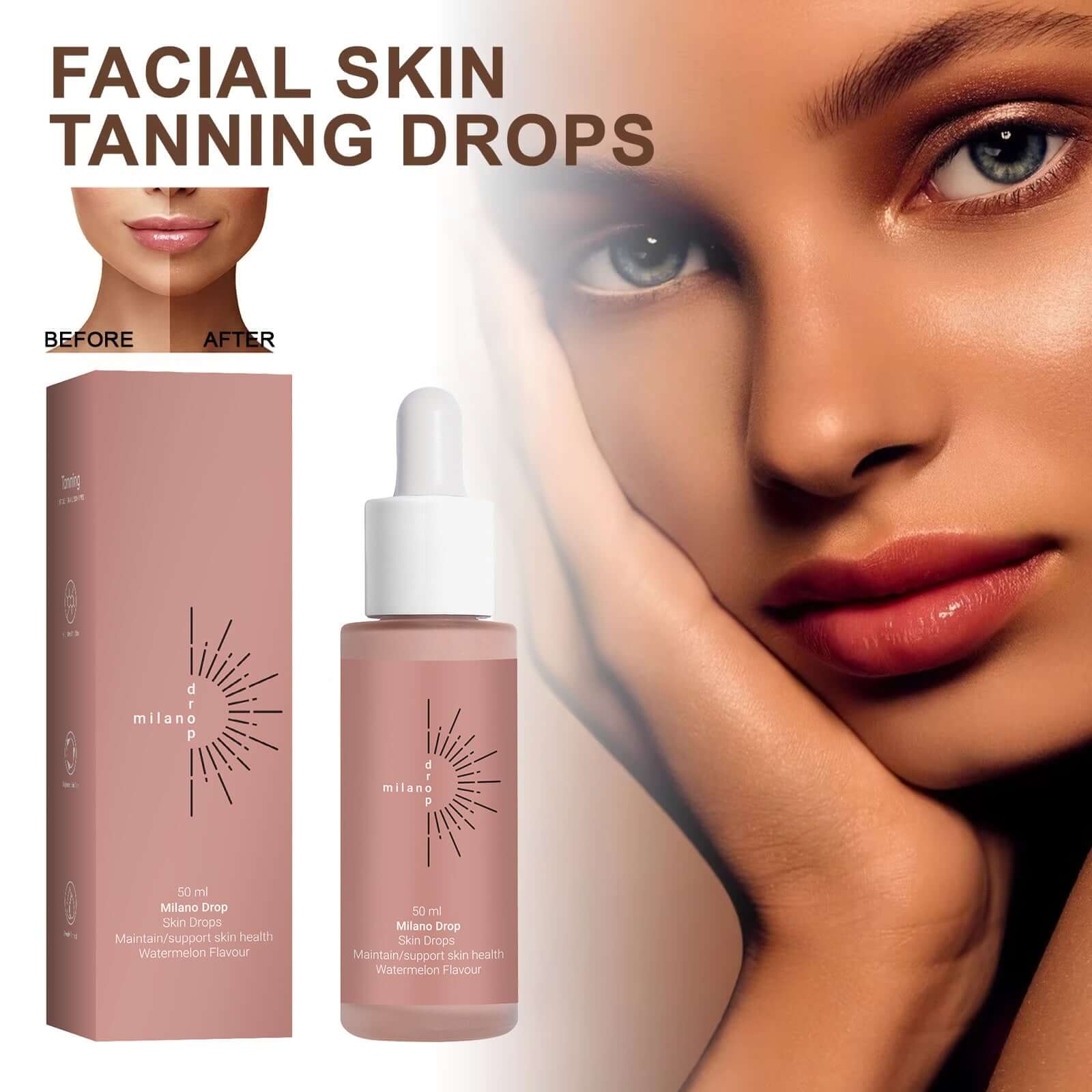 Facial tanning drops with before and after results, showcasing 50ml serum for skin health and radiance.