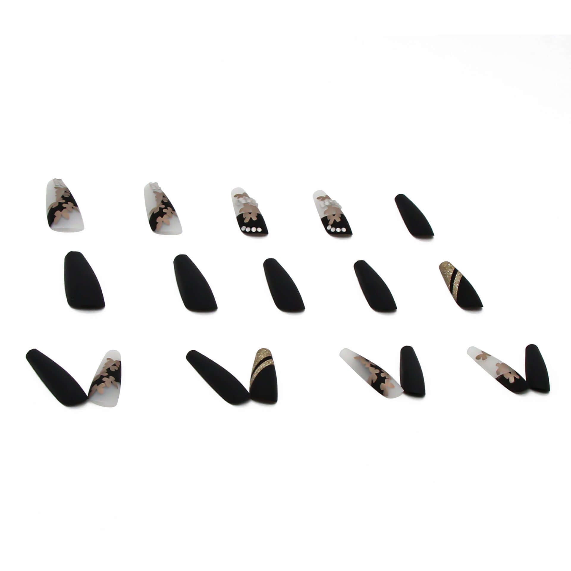 Detachable nail polish patches in various styles including matte black and patterned designs on a white background.