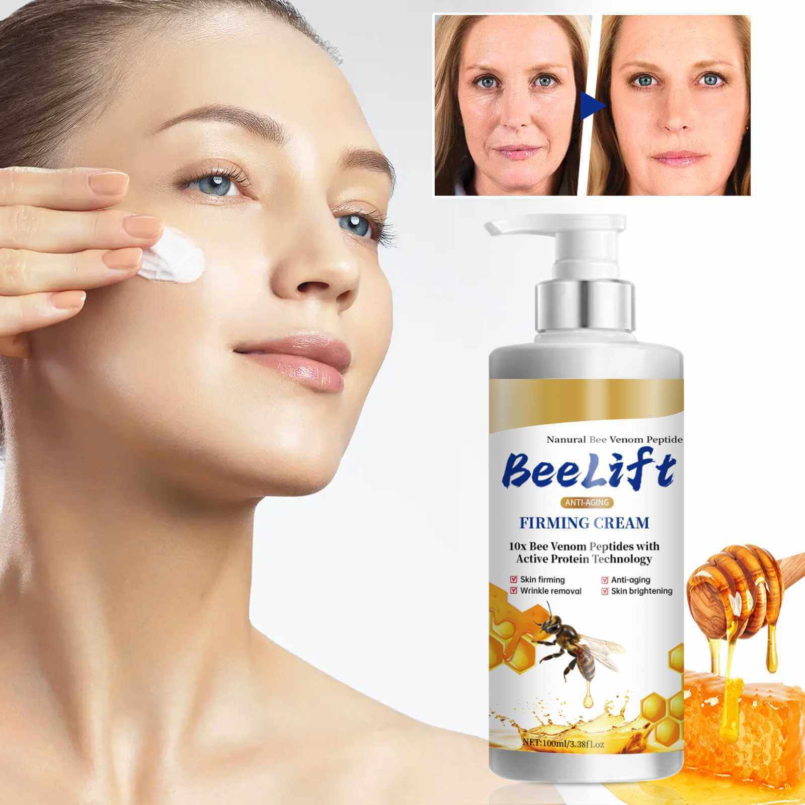 BeeLift Firming Cream promoting hydration and lifting benefits for all skin types, featuring bee venom peptides and honey.