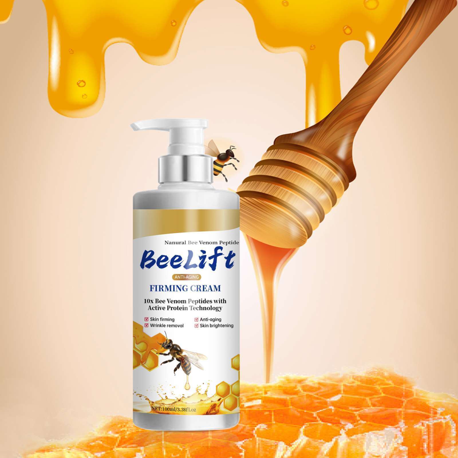 Firming moisturizer with bee venom peptides, honey, and collagen for hydrating and lifting skin. 100g bottle.