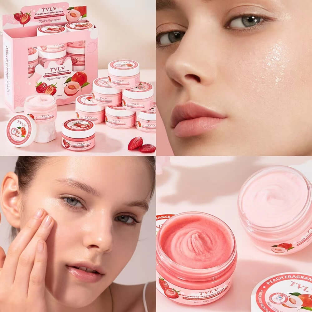 Fragrant Facial Scrub showcase with pink jars, close-up of a model applying the product for radiant skin.