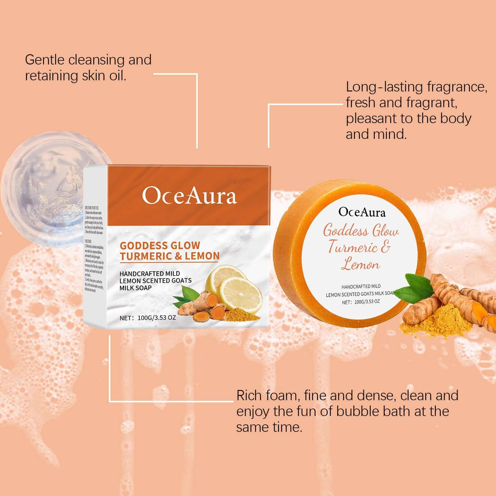 OceAura Goddess Glow Turmeric & Lemon soap with vibrant packaging, designed for gentle cleansing and rich foamy bubble baths.
