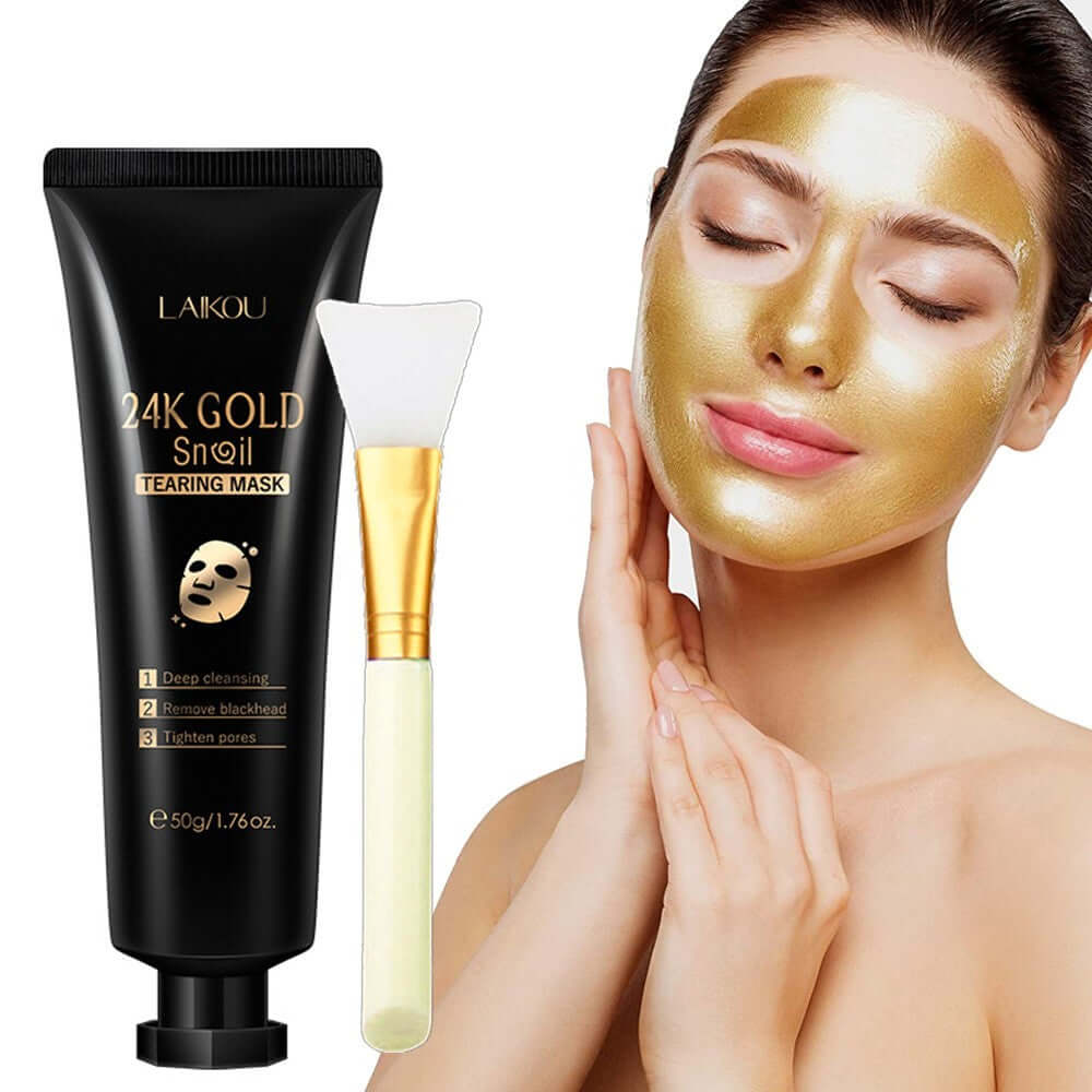 Gold Foil Snail Tear-Off Mask with applicator for hydrating and deep cleansing, enhances skin texture in a 50g tube.