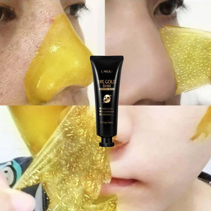 Gold Foil Snail Tear-Off Mask applied to face, hydrating beauty product for glowing skin.