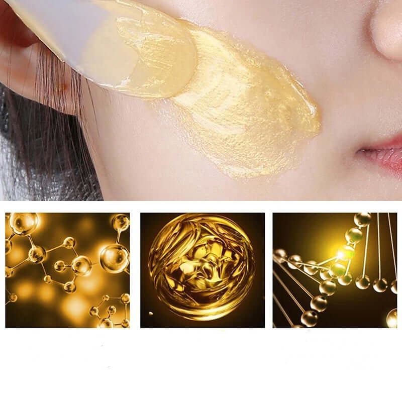 Hydrating gold foil snail tear-off mask applied on skin with molecular images in background.