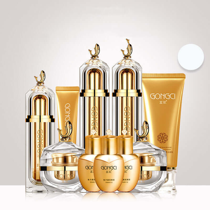 GONGCI luxury skincare set featuring golden bottles and jars for radiant skin and effective skincare routines.