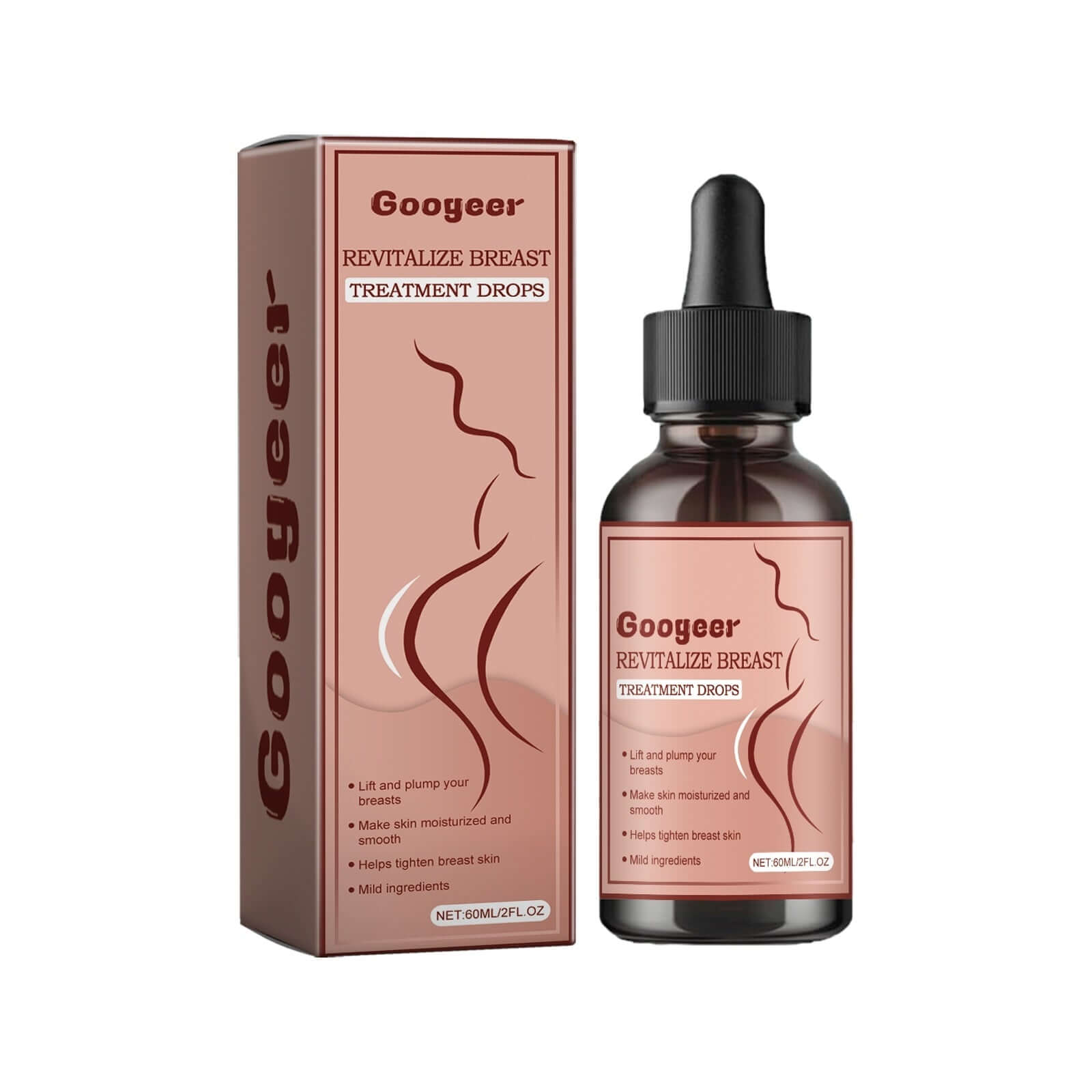 Googeer Revitalize Breast Treatment Drops in a brown bottle with box, featuring natural ingredients for skin rejuvenation.
