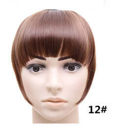 Synthetic hair bangs hairpiece in straight style, showcasing a rich brown color and a 22cm length on a mannequin head.