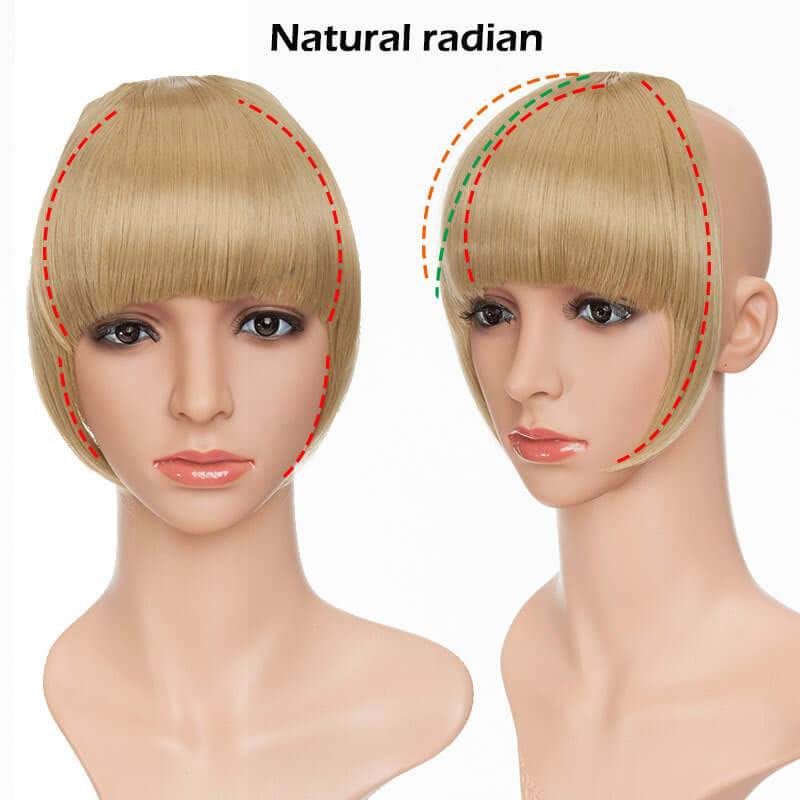 Synthetic hair bangs hairpiece showing natural radiance from multiple angles on a mannequin head.