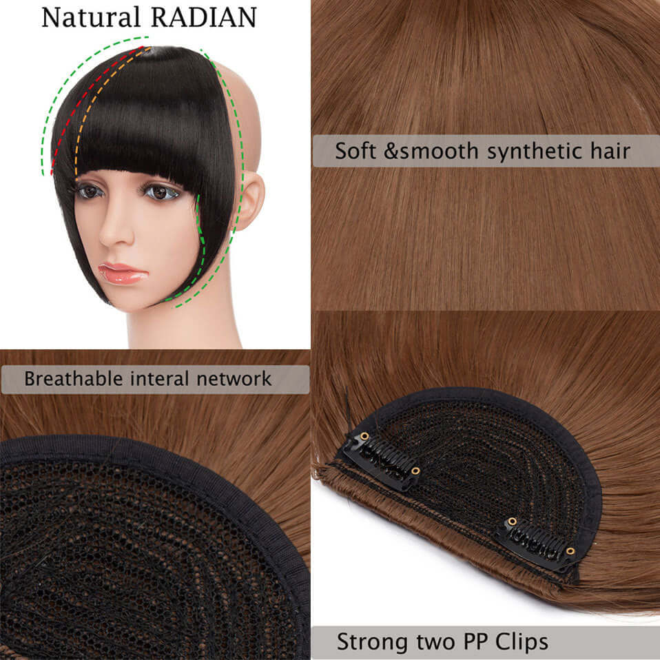 Natural Radian synthetic hair bangs hairpiece with breathable network and strong clips for easy application.