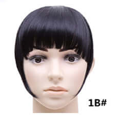 Synthetic black hair bangs hairpiece on a mannequin; easy to apply and portable accessory.