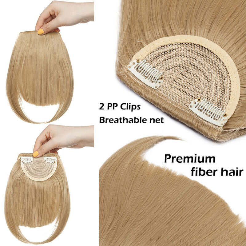 Synthetic hair bangs accessories, 22cm length, straight texture, easy to apply with 2 PP clips, breathable net design.