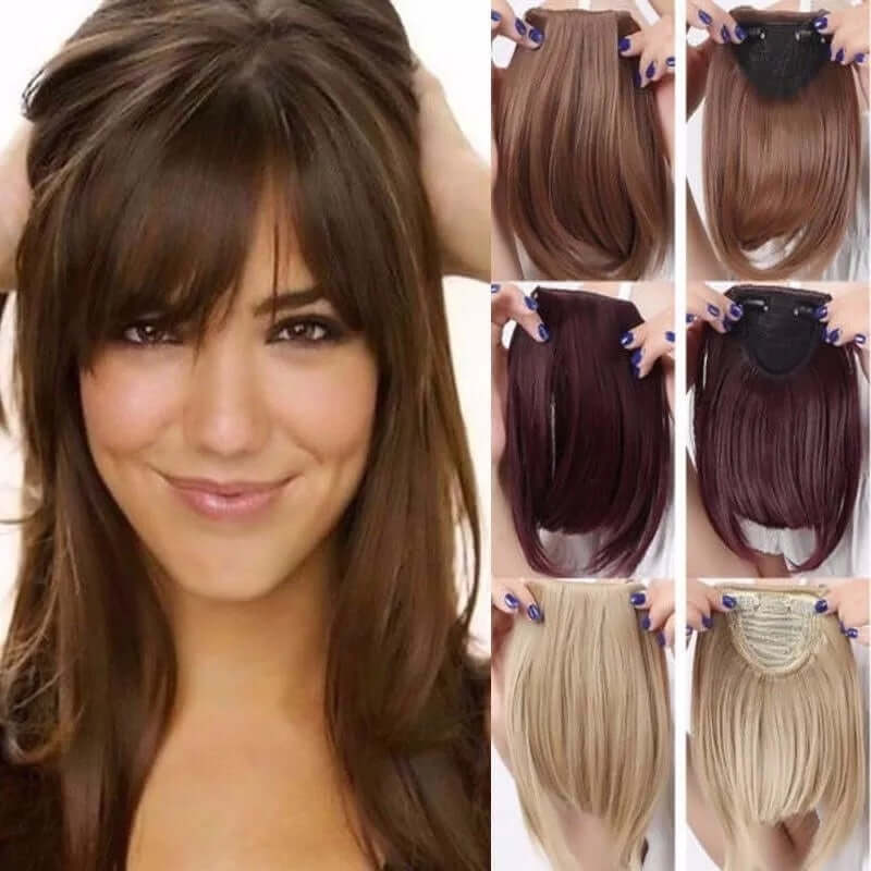 Synthetic fake hair bangs accessories displayed with various colors and styles, showcasing easy application and versatility.