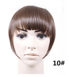 Synthetic fake hair bangs in medium brown color, showcasing a straight texture and stylish bob cut.