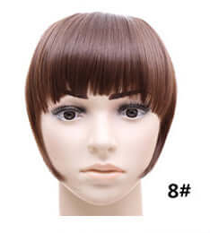 Synthetic fake bangs hairpiece in straight texture, brown color, 22cm length displayed on a mannequin head.