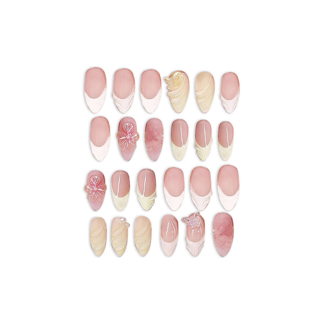 Hot selling handmade almond shape nails with pink and white designs, perfect for ladies' nail art.