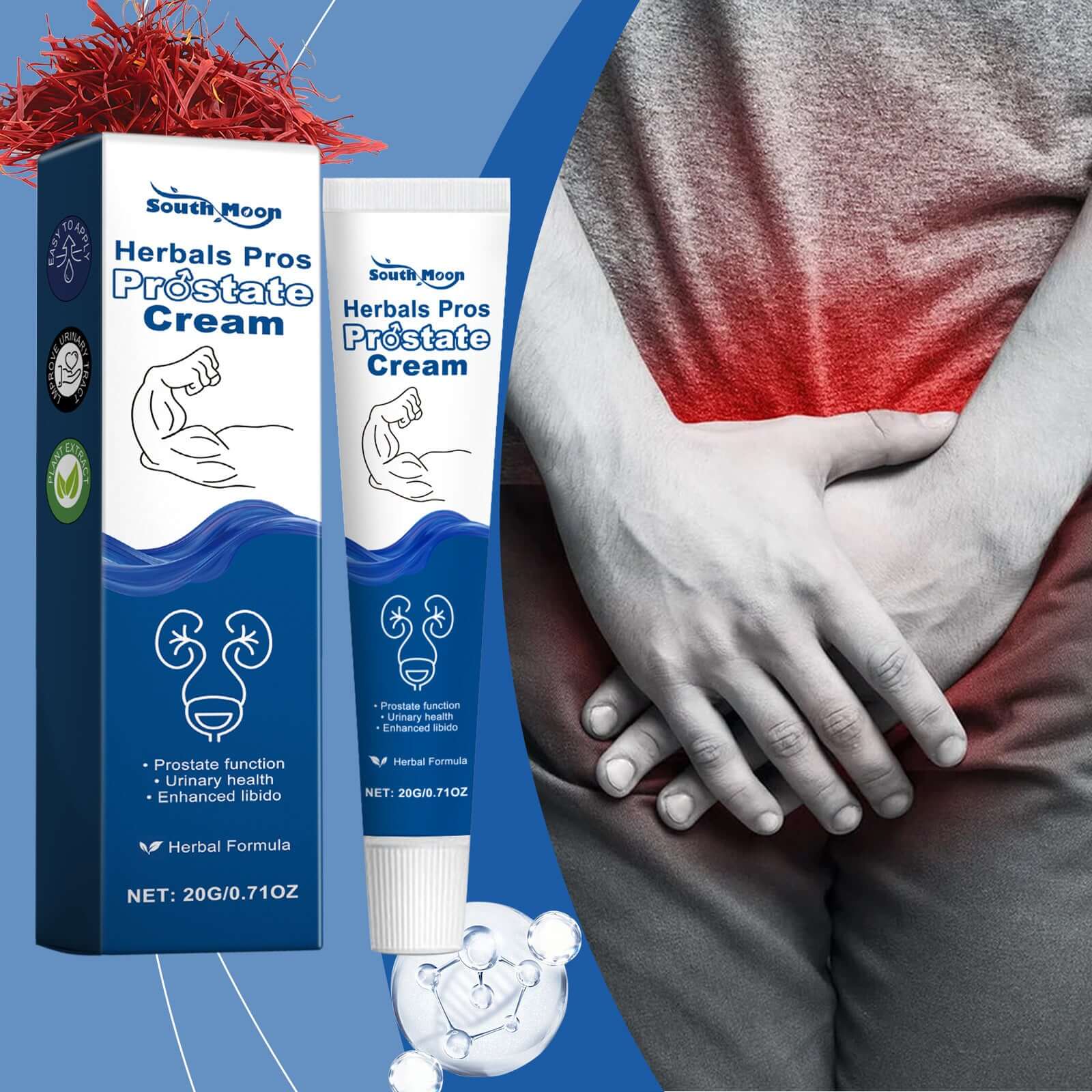 Prostate cream tube and box for urinary health and prostate function relief, featuring herbal ingredients.